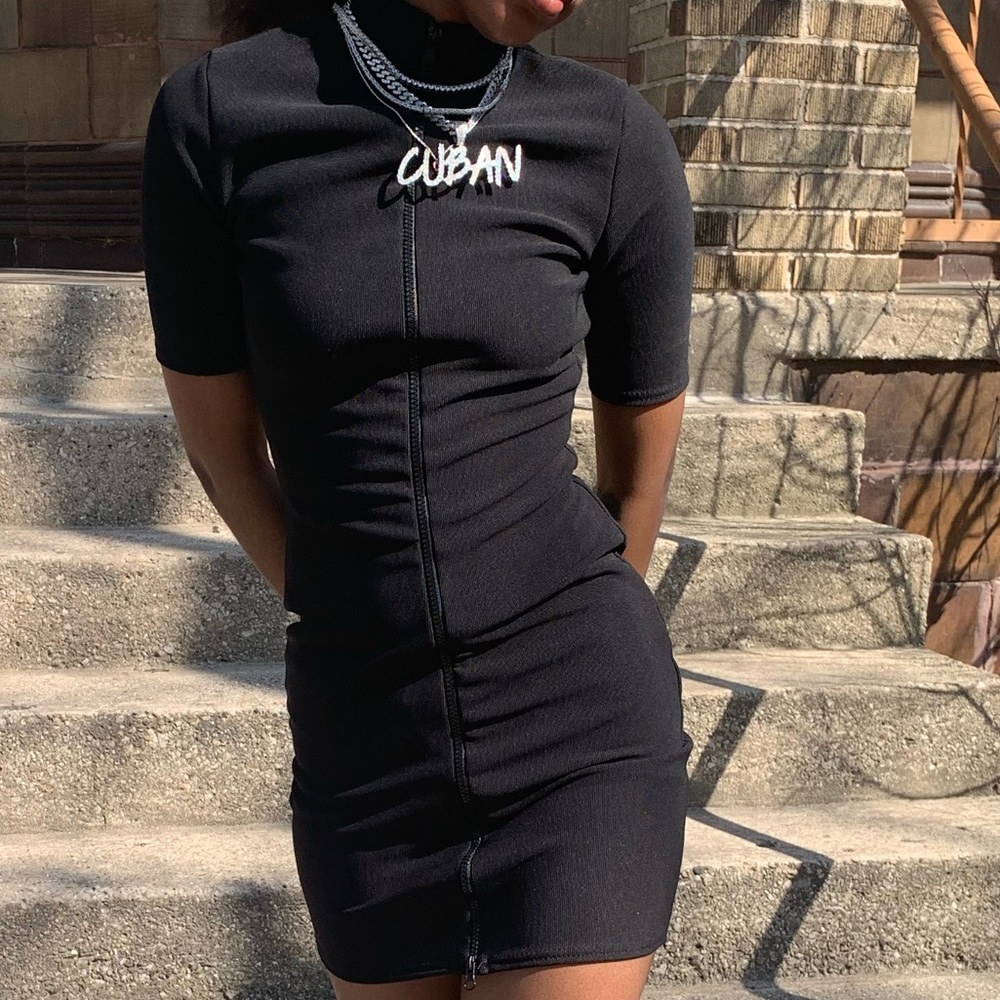 Black Ribbed Bodycon Mini Dress Mock Neck